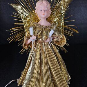 Beautiful Vintage Porcelain Head And Hands, Angel Tree Topper Golden Wings